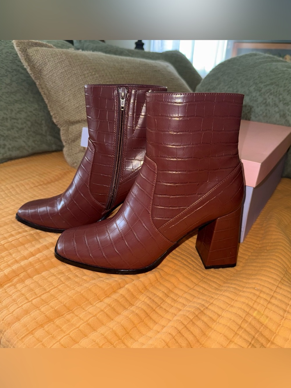 Women's Croc-Embossed Block Heel Ankle Boots